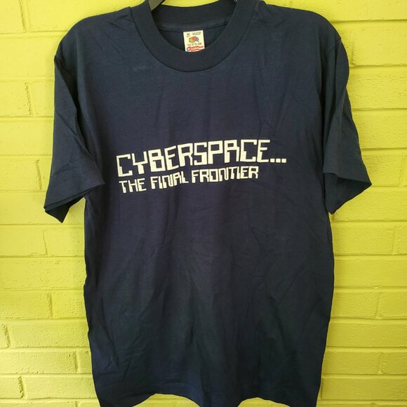 Vintage 1990s CYBERSPACE...The Final Frontier Shirt MEDIUM Navy Single Stitch A4 - Picture 1 of 6